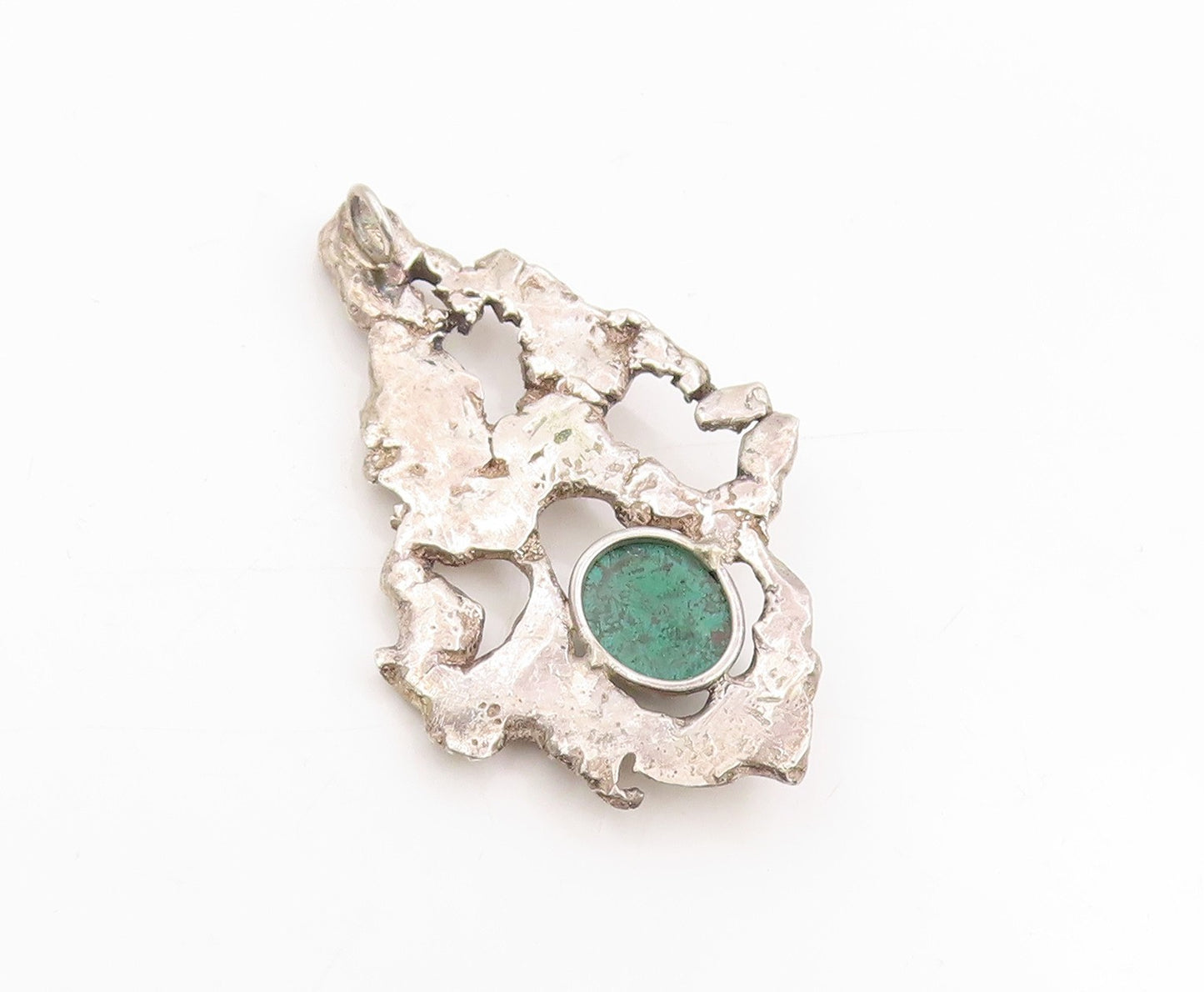 925 Sterling Silver Vintage Pendant Cabochon Malachite Brutalist Locket  PT25447