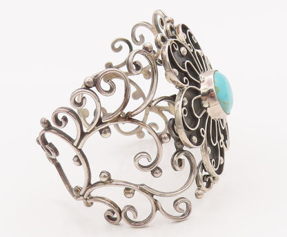 925 Sterling Silver Vintage Bracelet MEXICO Swirly Turquoise Flower Cut  BT10183