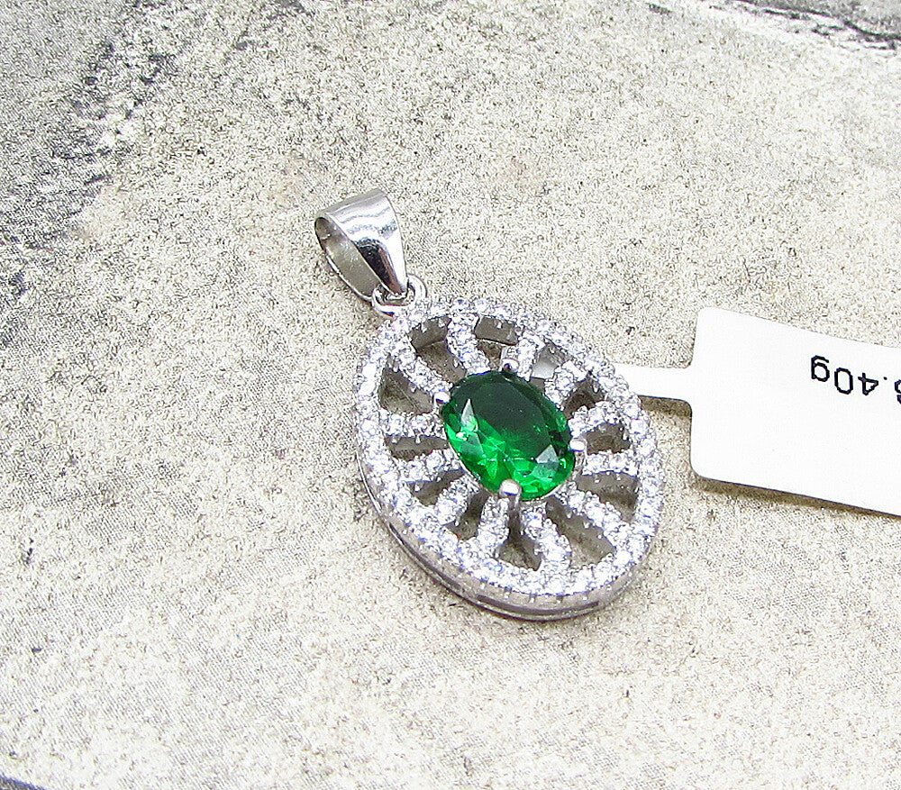 925 Sterling Silver  Green Topaz & White Cubic Zirconia Drop Pendant  PT1515