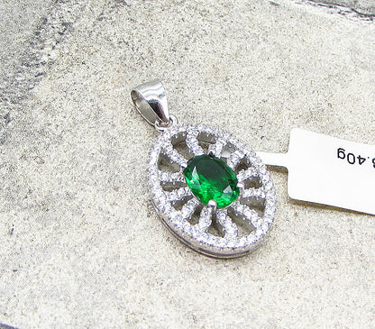 925 Sterling Silver  Green Topaz & White Cubic Zirconia Drop Pendant  PT1515
