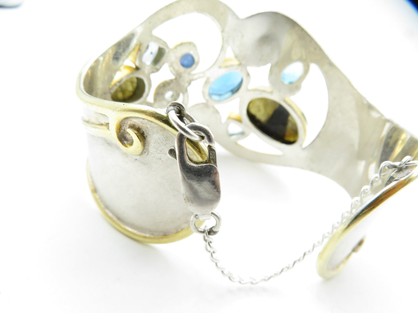 DESIGNER 925 Silver  Labradorite & Blue Topaz Two Tone Cuff Bracelet  BT6349