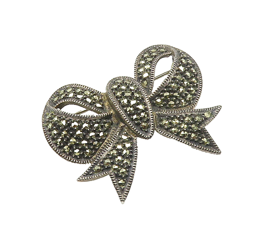 JUDITH JACK 925 Silver Vintage Marcasite Bow Tied Ribbon Brooch Pin BP6975
