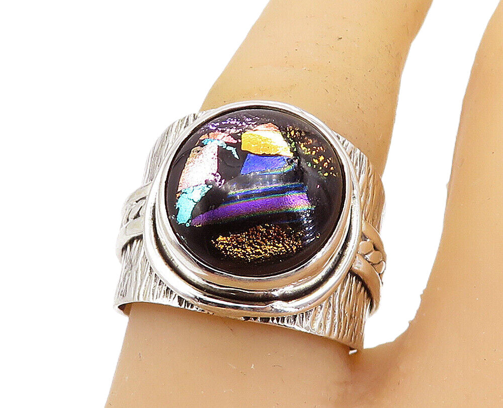 925 Sterling Silver  Dichroic Glass Dome Textured Cocktail Ring Sz 9 RG8195