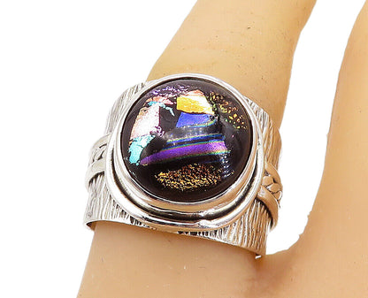 925 Sterling Silver  Dichroic Glass Dome Textured Cocktail Ring Sz 9 RG8195