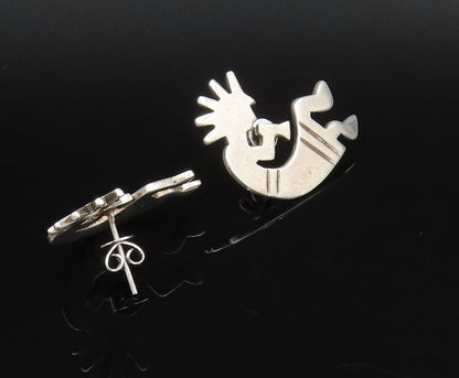 MEXICO 925 Silver  Vintage Carved Kokopelli Dancer Stud Earrings  EG12198