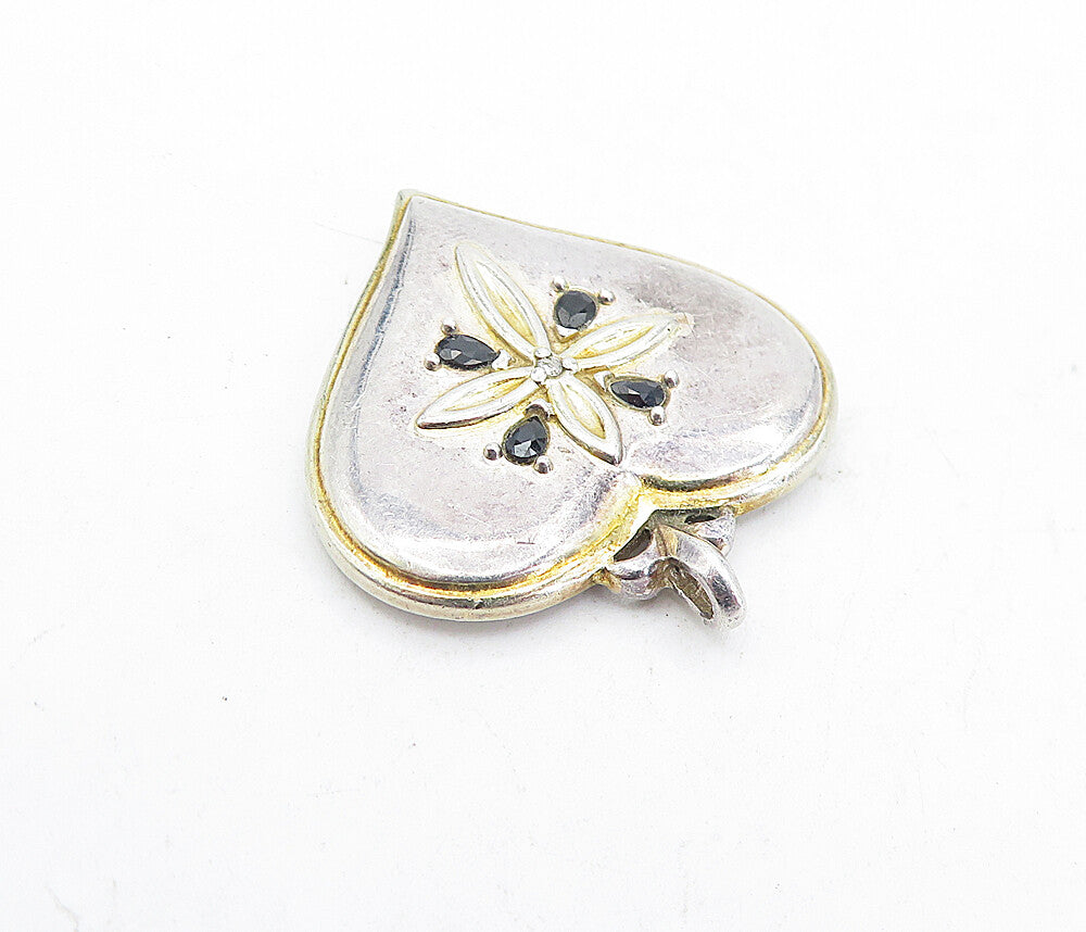 925 Silver  Vintage Sapphire & Genuine Diamond Cross Heart Pendant  PT3679