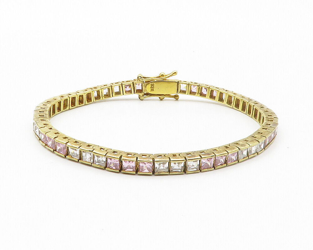 925 Silver  Pink & White Cubic Zirconia Gold Plated Chain Bracelet  BT5450