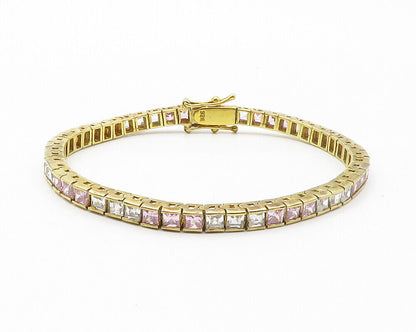 925 Silver  Pink & White Cubic Zirconia Gold Plated Chain Bracelet  BT5450