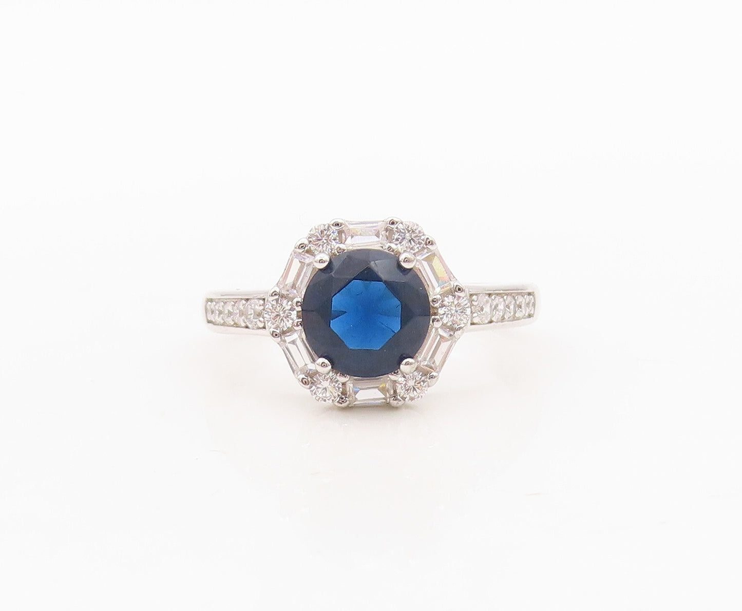 925 Sterling Silver Vintage Ring Round Sapphire Halo CZ Frame  Sz 7 RG30353