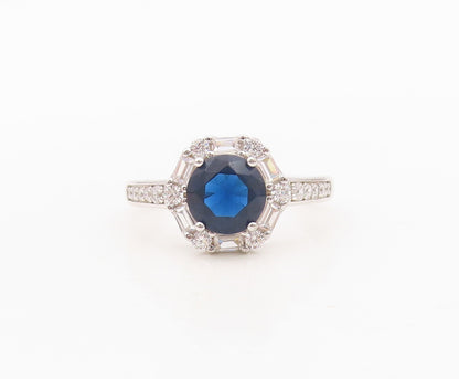 925 Sterling Silver Vintage Ring Round Sapphire Halo CZ Frame  Sz 7 RG30353