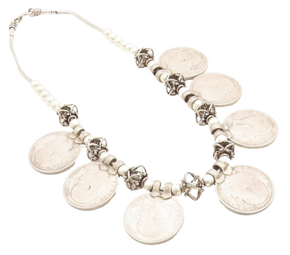 Solid Silver Vintage Antique Indian Rupee Coin Chain Necklace  NE1486