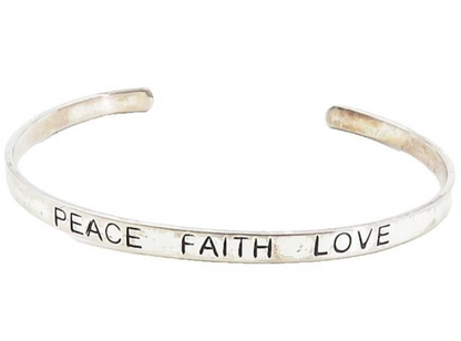 925 Sterling Silver  Vintage Peace Faith Love Stamped Cuff Bracelet  BT3971
