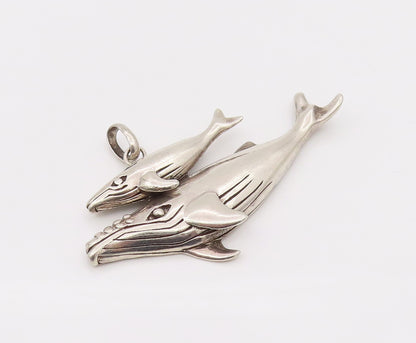 925 Sterling Silver  Vintage Baby & Mommy Swimming Whale Pendant  PT22185