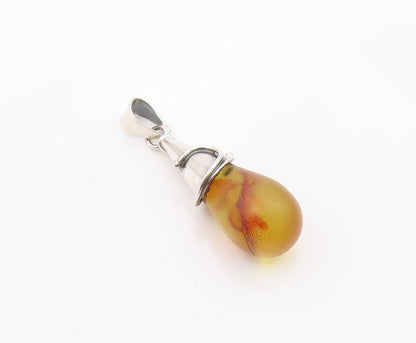 925 Sterling Silver  Vintage Cone Wrapped Baltic Amber Drop Pendant  PT21517
