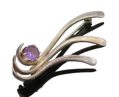 925 Sterling Silver  Vintage Prong Set Amethyst Swirl Brooch Pin  BP6046