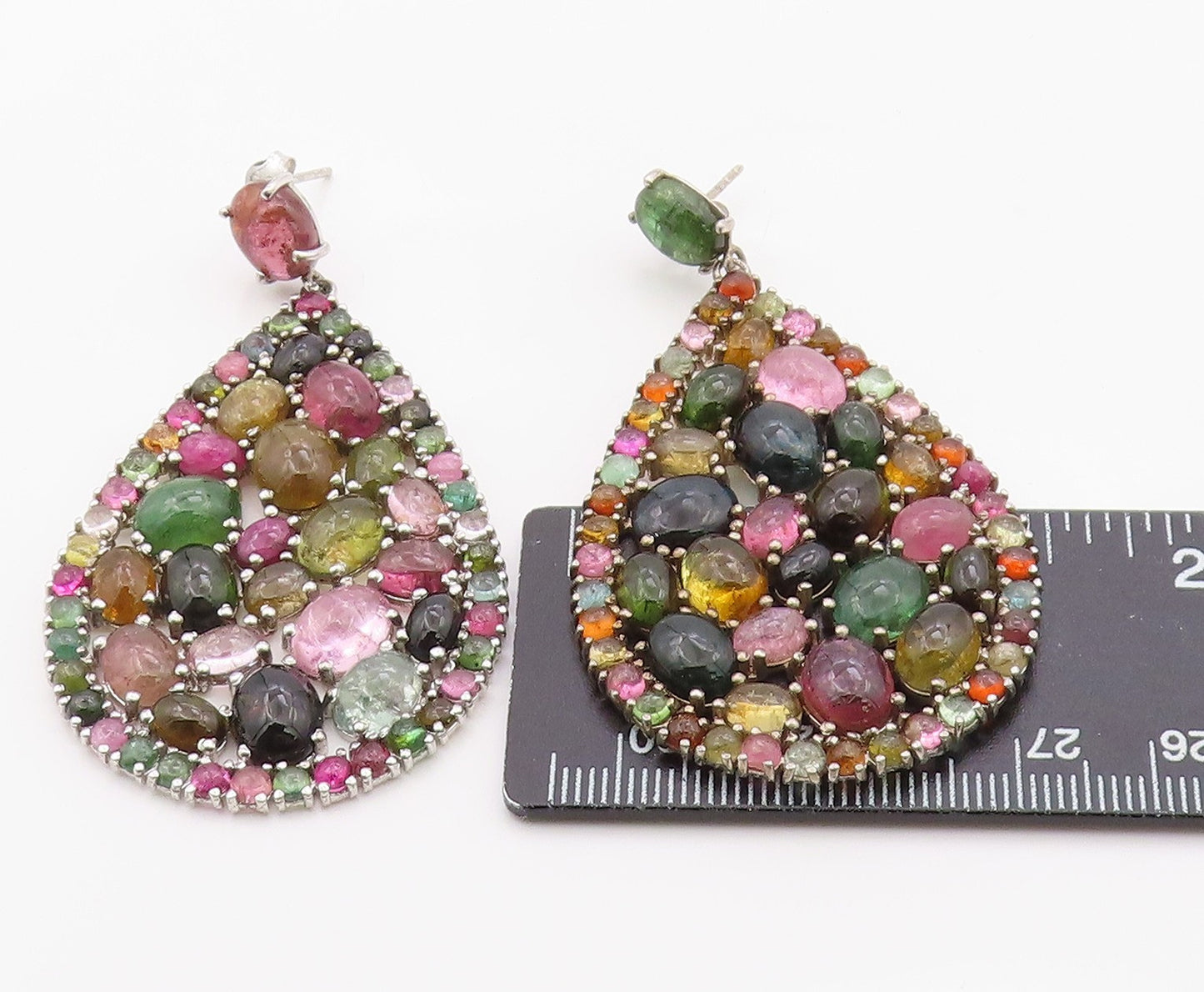 925 Sterling Silver Vintage Earrings Gemstone Large Teardrop Cluster  EG14386