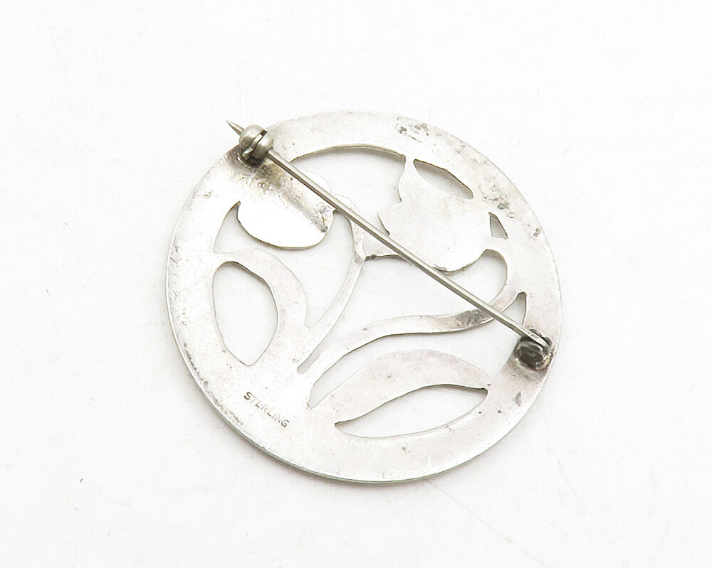 925 Sterling Silver  Vintage Flower Silhouette Round Cutout Brooch Pin  BP4658