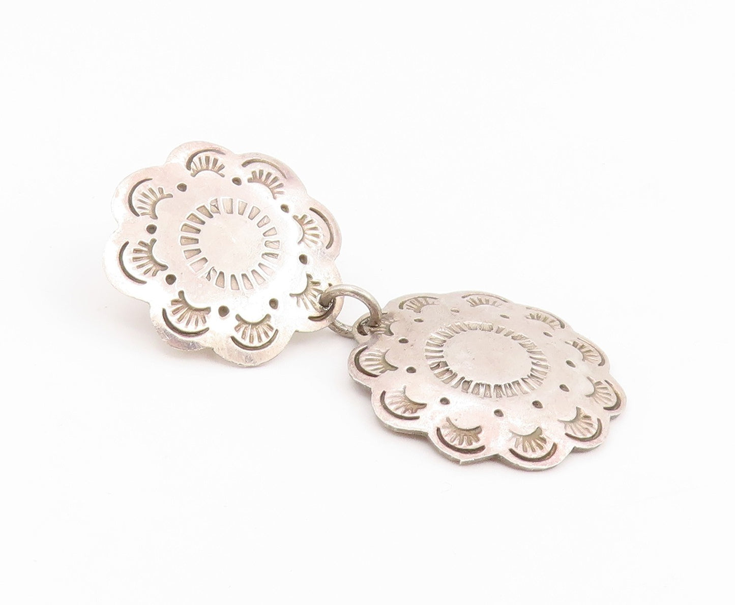 925 Sterling Silver Vintage Earrings MEXICO Etched Floral Concho Drop  EG14183