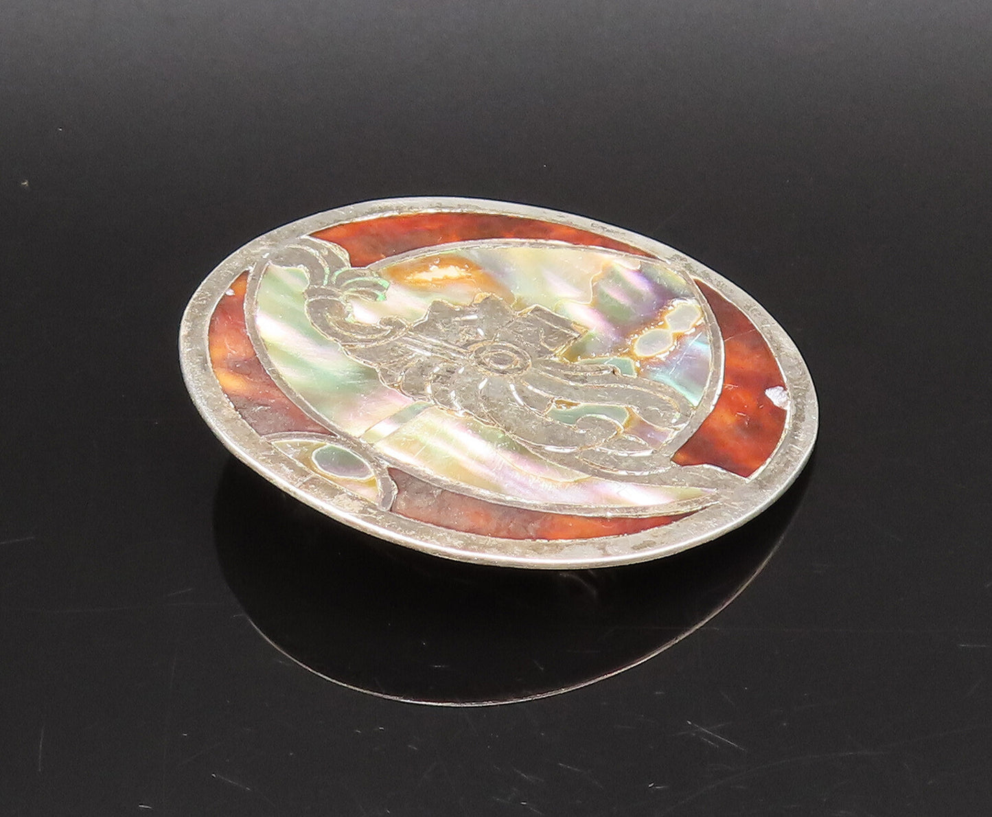 MEXICO 925 Silver  Vintage Abalone & Tiger's Eye Warrior Brooch Pin  BP10088