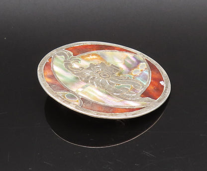 MEXICO 925 Silver  Vintage Abalone & Tiger's Eye Warrior Brooch Pin  BP10088