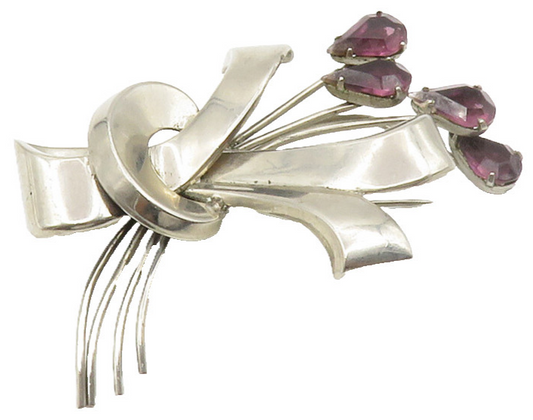 925 Sterling Silver  Vintage Modernist Amethyst Floral Brooch Pin  BP5735