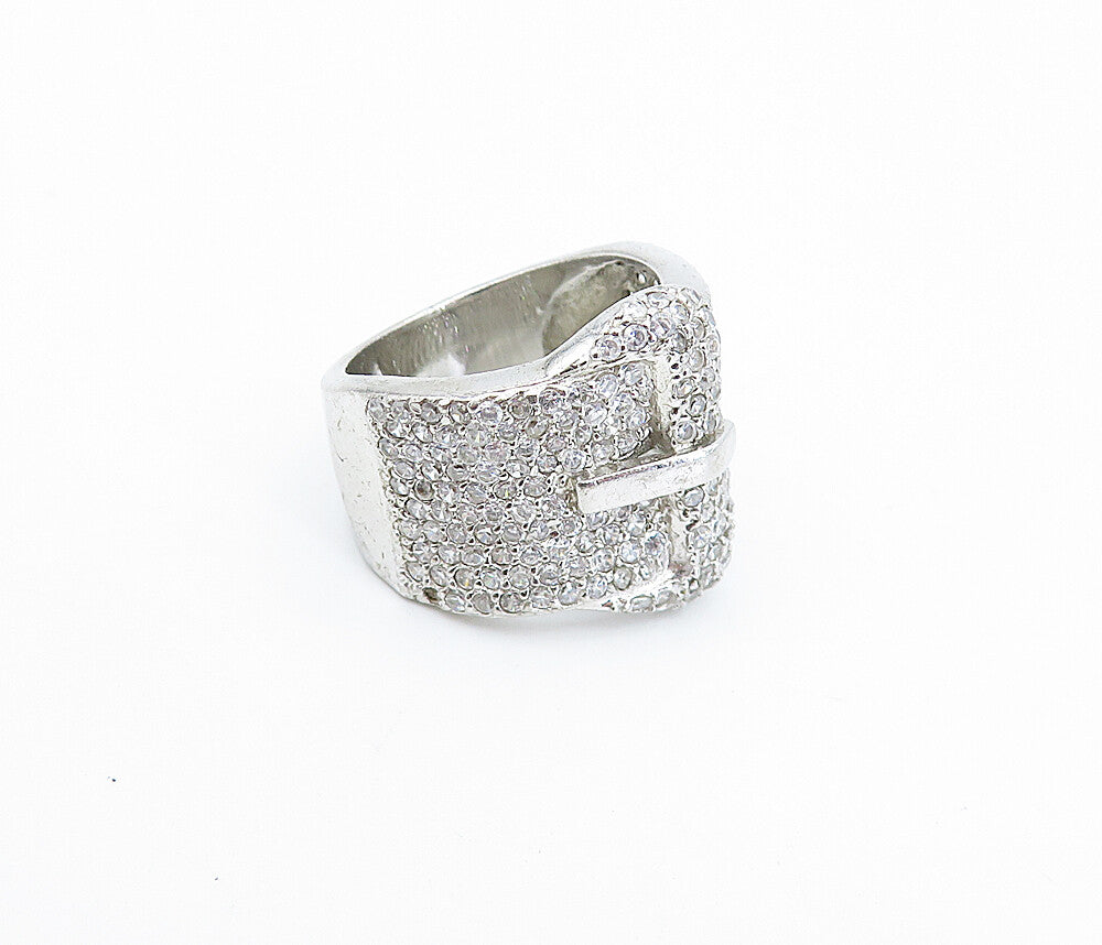 925 Sterling Silver  Cubic Zirconia Belt Buckle Motif Band Ring Sz 6  RG3634