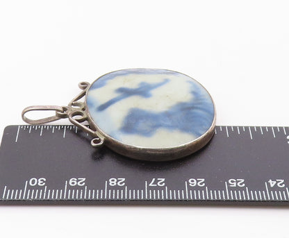 925 Sterling Silver  Vintage Chinese Ceramic Art Dark Tone Pendant  PT13380