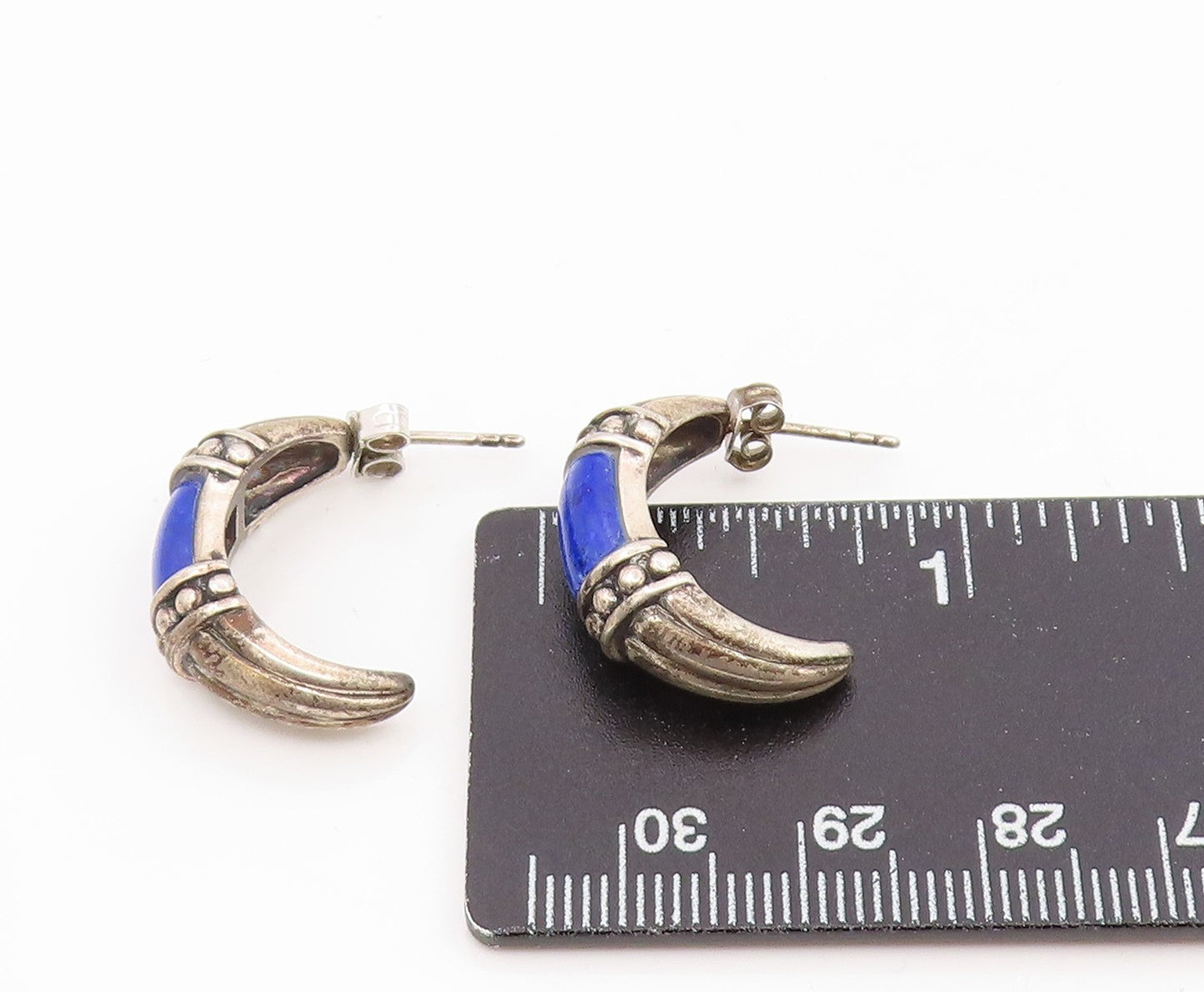 925 Sterling Silver Vintage Earrings Lapis Lazuli Ribbed Crescent Moon  EG14157