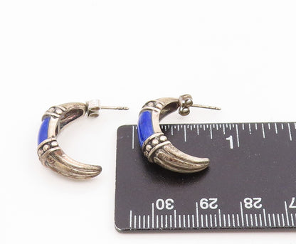 925 Sterling Silver Vintage Earrings Lapis Lazuli Ribbed Crescent Moon  EG14157