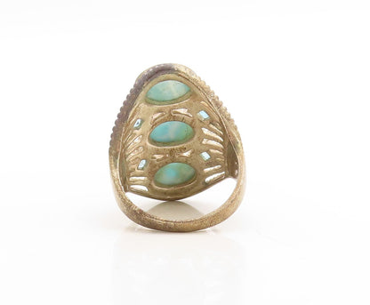 925 Sterling Silver Vintage Ring Bead Cutout Oval Larimar & CZ  Sz 10  RG31223