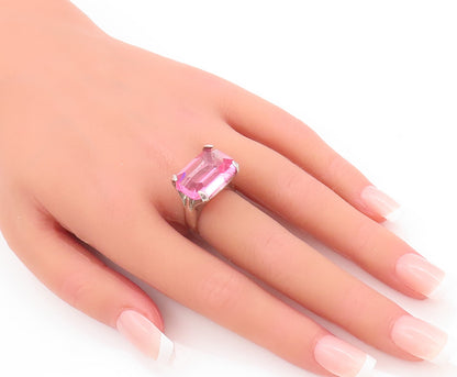 925 Sterling Silver Vintage Ring Large Rectangle Cut Pink CZ  Sz 5.5  RG28305