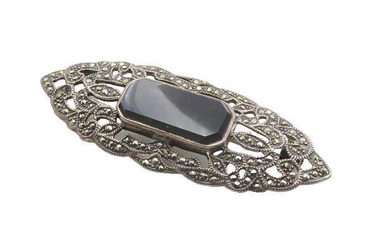 925 Sterling Silver  Vintage Black Onyx & Marcasite Cutout Brooch Pin  BP3950
