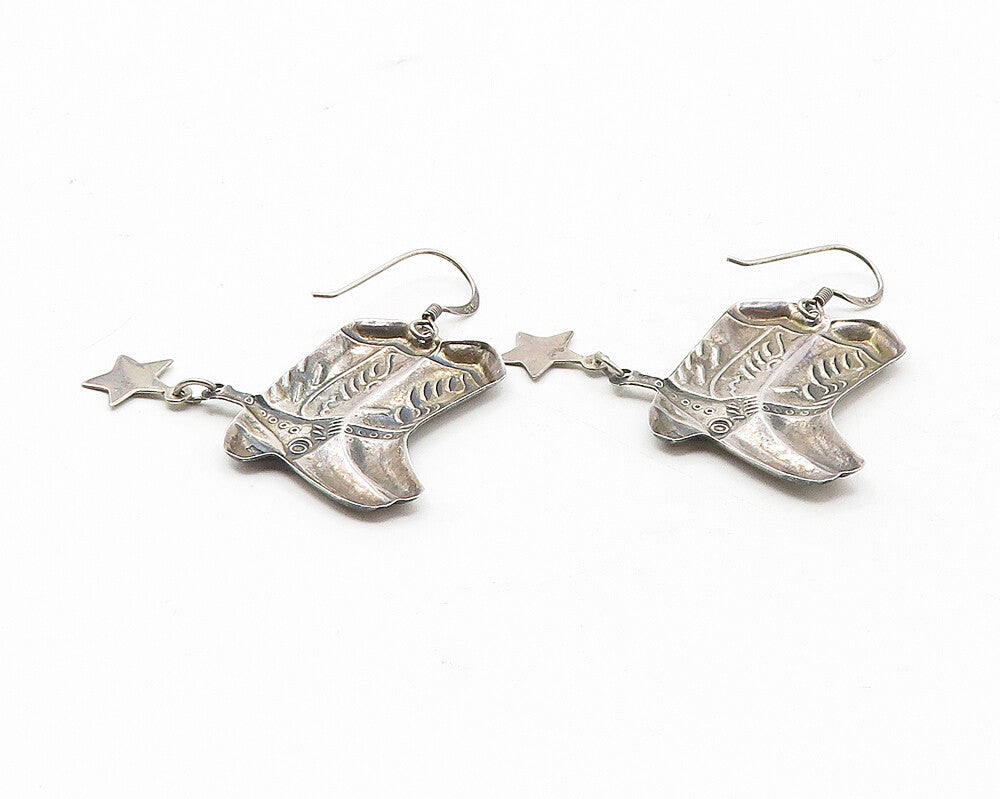 925 Sterling Silver  Vintage Pair Of Cowboy Boots Motif Drop Earrings  EG5876