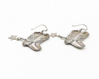 925 Sterling Silver  Vintage Pair Of Cowboy Boots Motif Drop Earrings  EG5876