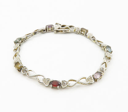 925 Sterling Silver  Genuine Diamonds & Multi Gemstone Chain Bracelet  BT5826