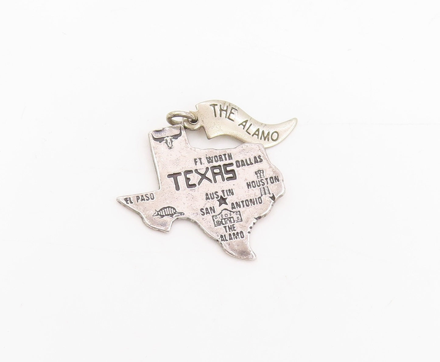 925 Sterling Silver Vintage Pendant Texas State Map With City Engravings PT25394