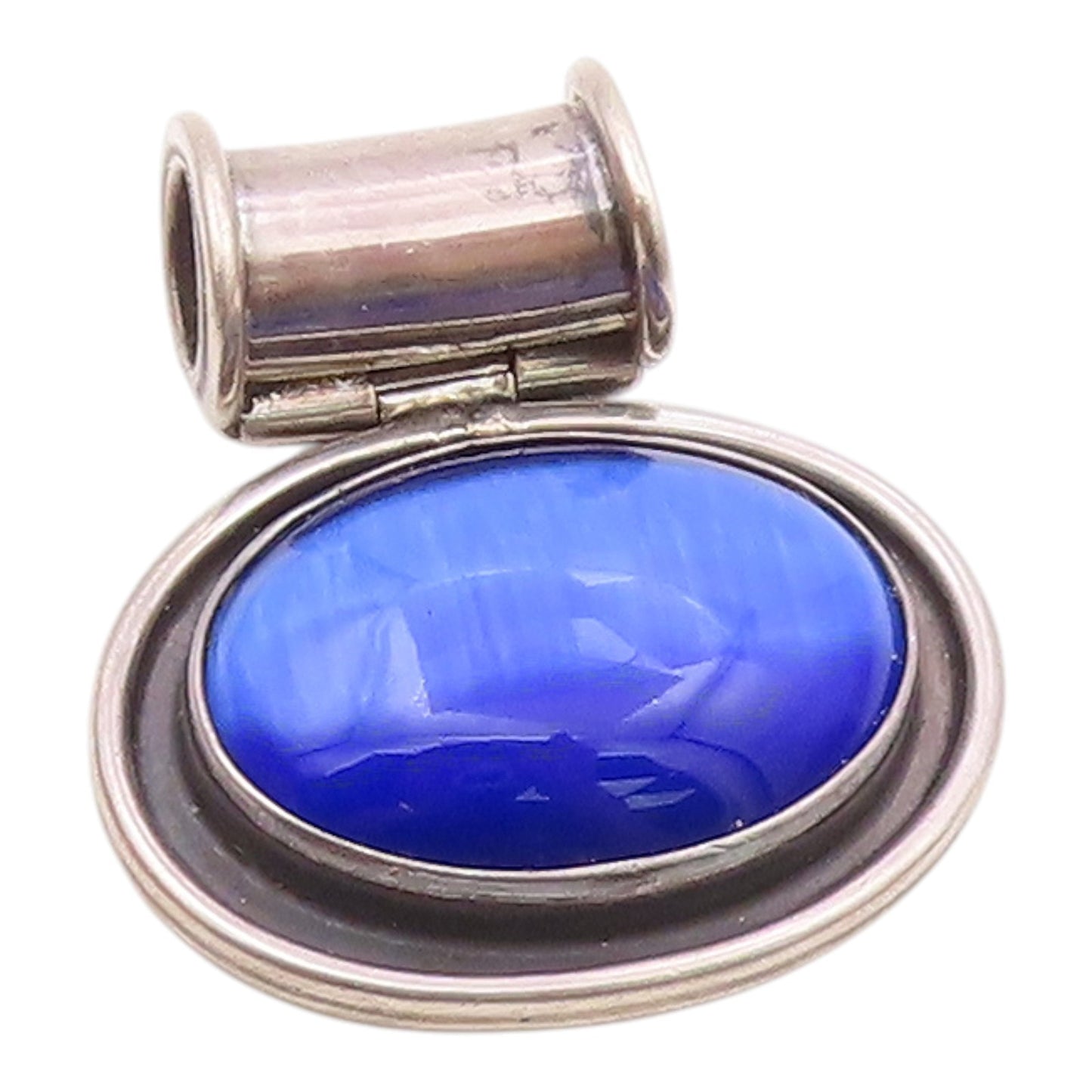 925 Sterling Silver  Vintage Blue Cat's Eye Stone Oval Slide Pendant  PT10311