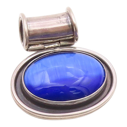925 Sterling Silver  Vintage Blue Cat's Eye Stone Oval Slide Pendant  PT10311