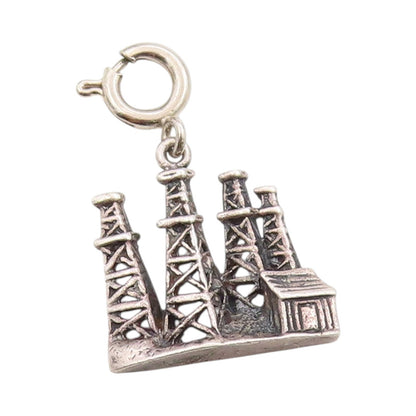 925 Sterling Silver Vintage Pendant Etched Miniature Oil Boom Town Charm PT24814