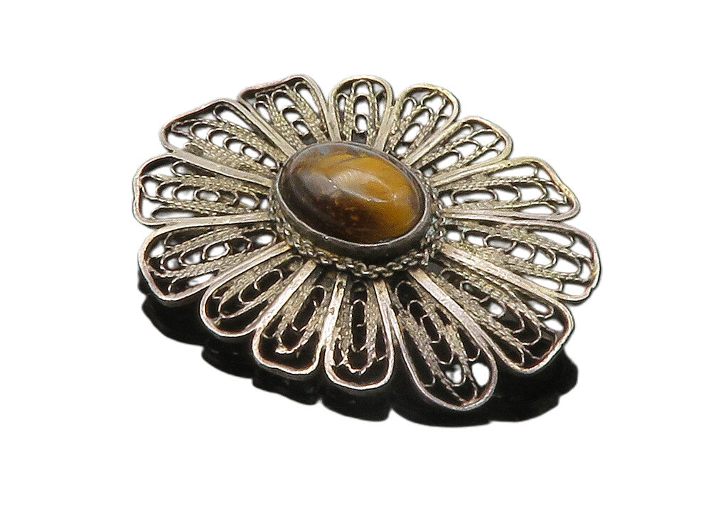 ISRAEL 925 Sterling Silver  Vintage Tiger's Eye Filigree Brooch Pin  BP5598