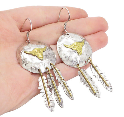 MEXICO 925 Sterling Silver  Vintage Two Tone Feather Dangle Earrings  EG2480
