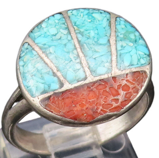 SOUTHWESTERN 925 Silver Vintage Turquoise & Coral Paw Ring Sz 5.5 RG25676