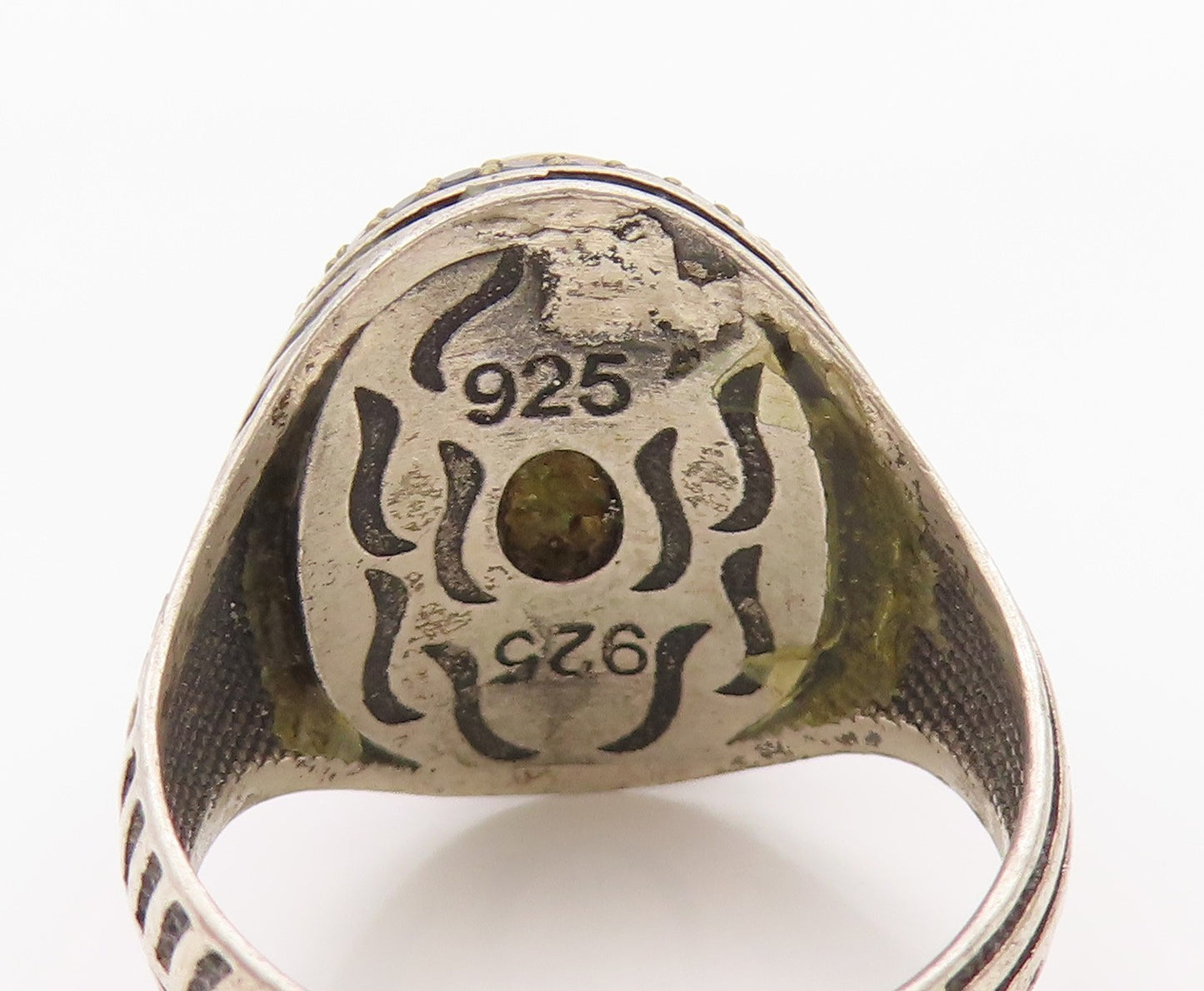 925 Sterling Silver Vintage Ring Cabochon Green Onyx & Spinel  Sz 12  RG36290