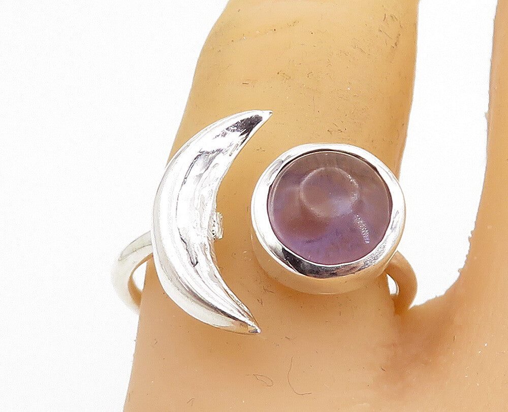 925 Sterling Silver  Cabochon Cut Amethyst Crescent Moon Band Ring Sz 8 RG8148