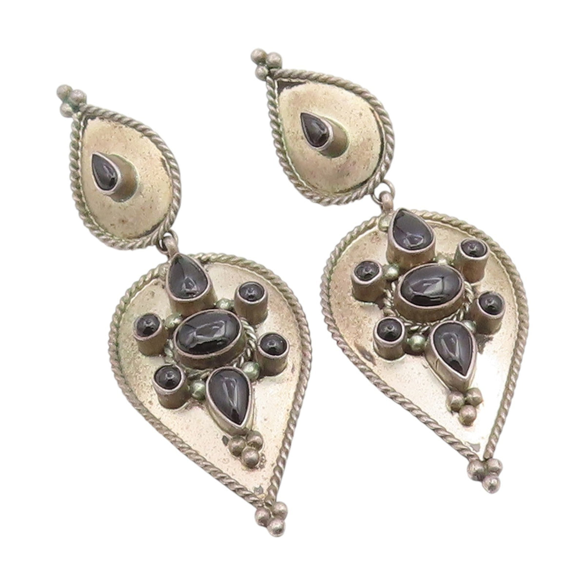 925 Sterling Silver Vintage Earrings Cabochon Onyx Floral Teardrop  EG14134