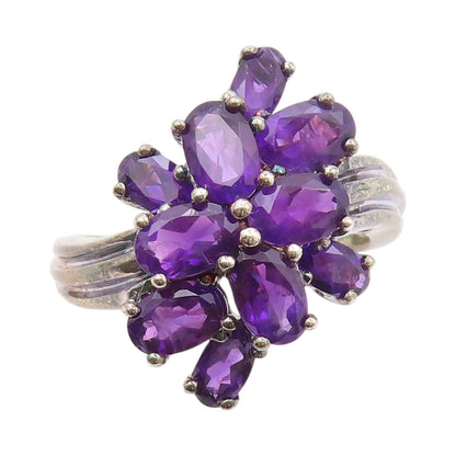 925 Sterling Silver Vintage Ring Dark Tone Oval Amethyst Cluster  SZ 8  RG31950