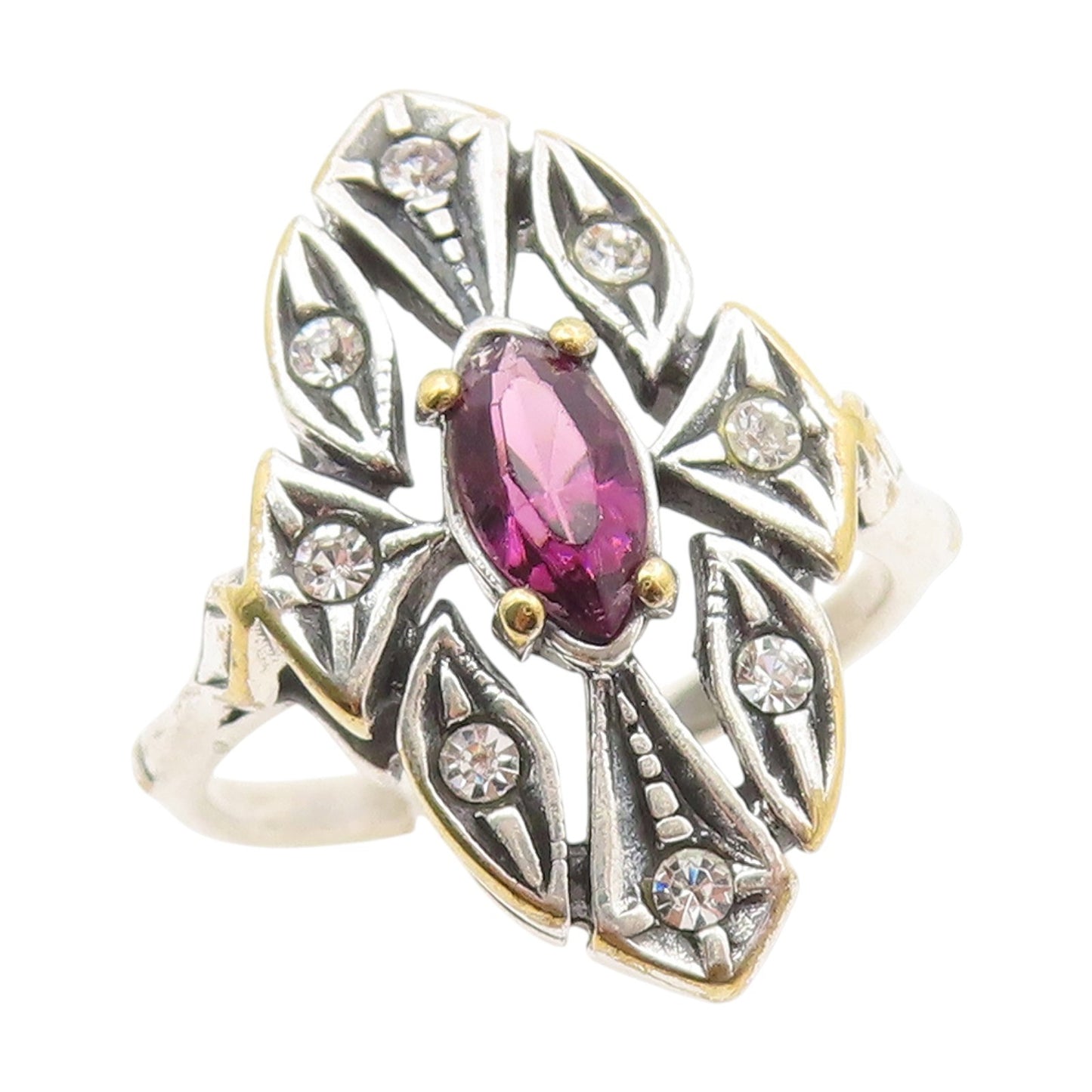 925 Sterling Silver Vintage Ring EUROPE Amethyst Open Floral Band  Sz 8  RG34648