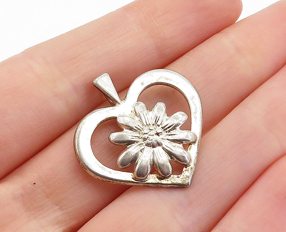 925 Sterling Silver  Vintage Shiny Sunflower Open Love Heart Pendant  PT4672