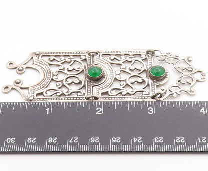 925 Sterling Silver Vintage Pendant Green Gemstone Long Floral Cut Out  PT25049