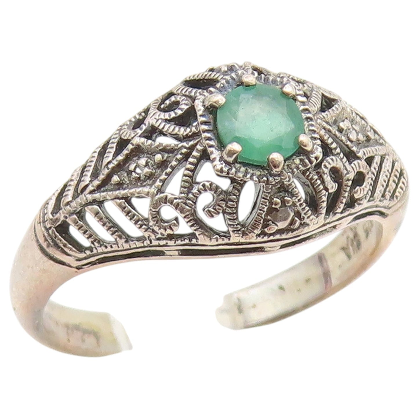925 Sterling Silver Vintage Ring Emerald Intricate Filigree Band  Sz 8  RG36867